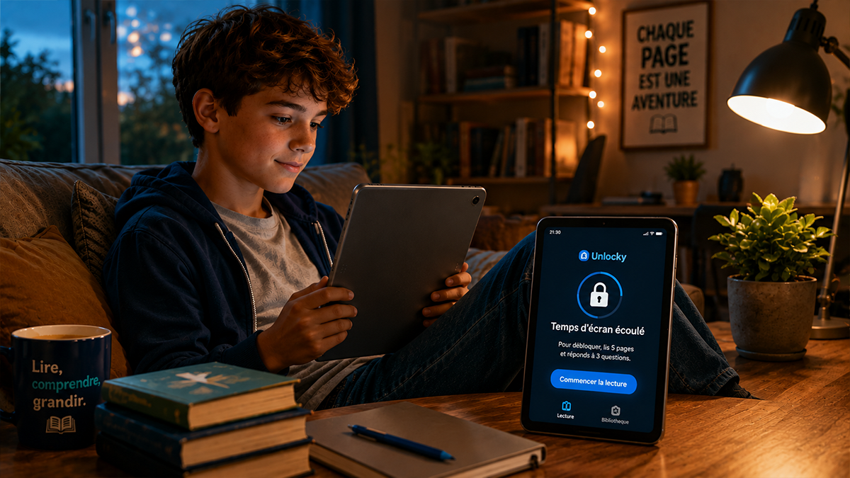 Un enfant utilisant un smartphone à côté d’un livre, illustrant l’équilibre entre temps d’écran et lecture